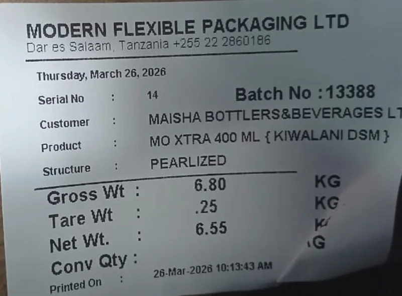 Real flexible packaging barcode weight label printed from a Punit weighing scale with printer