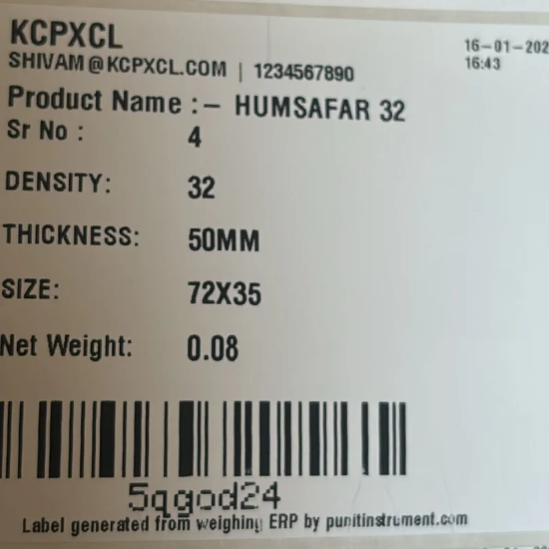 Real foam & insulation sheets barcode weight label printed from a Punit weighing scale with printer