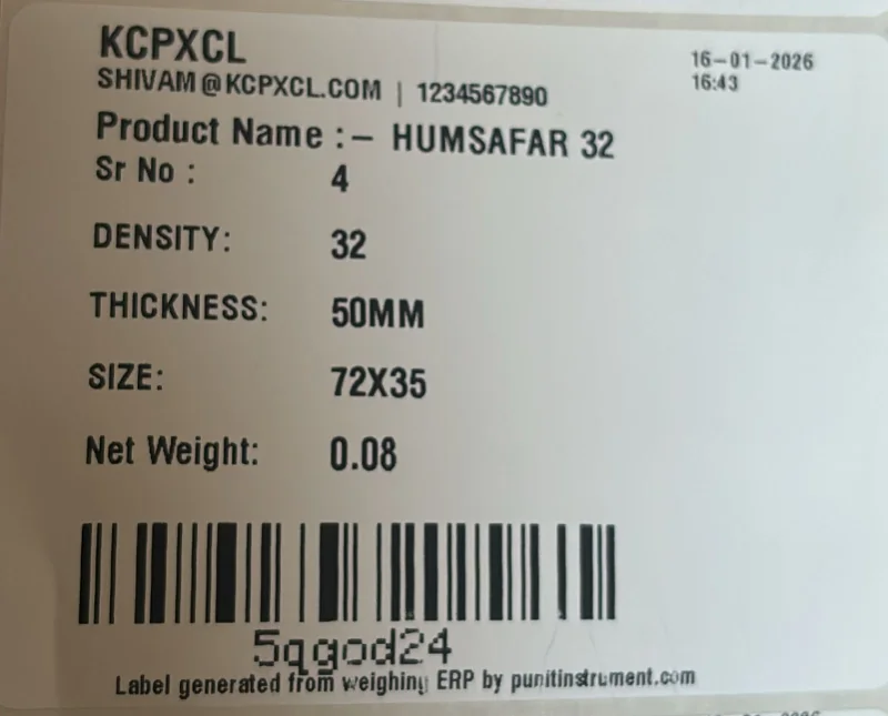 Real foam product manufacturing barcode weight label printed from a Punit weighing scale with printer