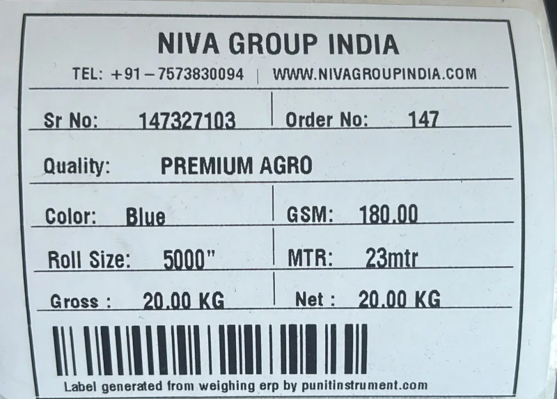 Real non-woven fabric rolls barcode weight label printed from a Punit weighing scale with printer