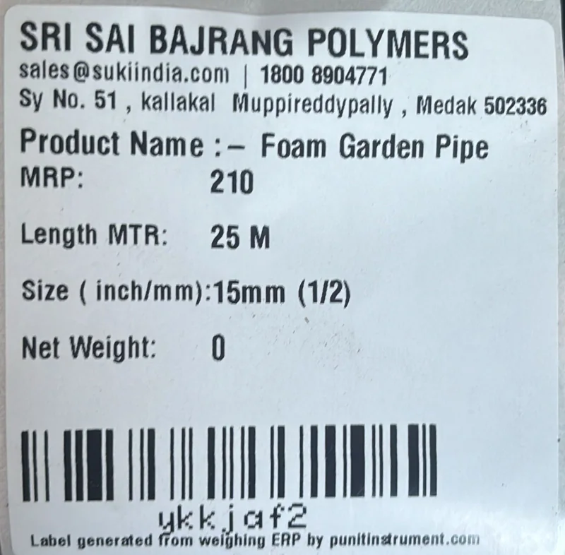 Real polymer & garden pipes barcode weight label printed from a Punit weighing scale with printer