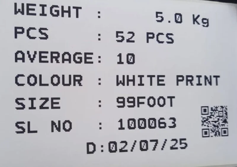 Real tarpaulin & technical textiles barcode weight label printed from a Punit weighing scale with printer