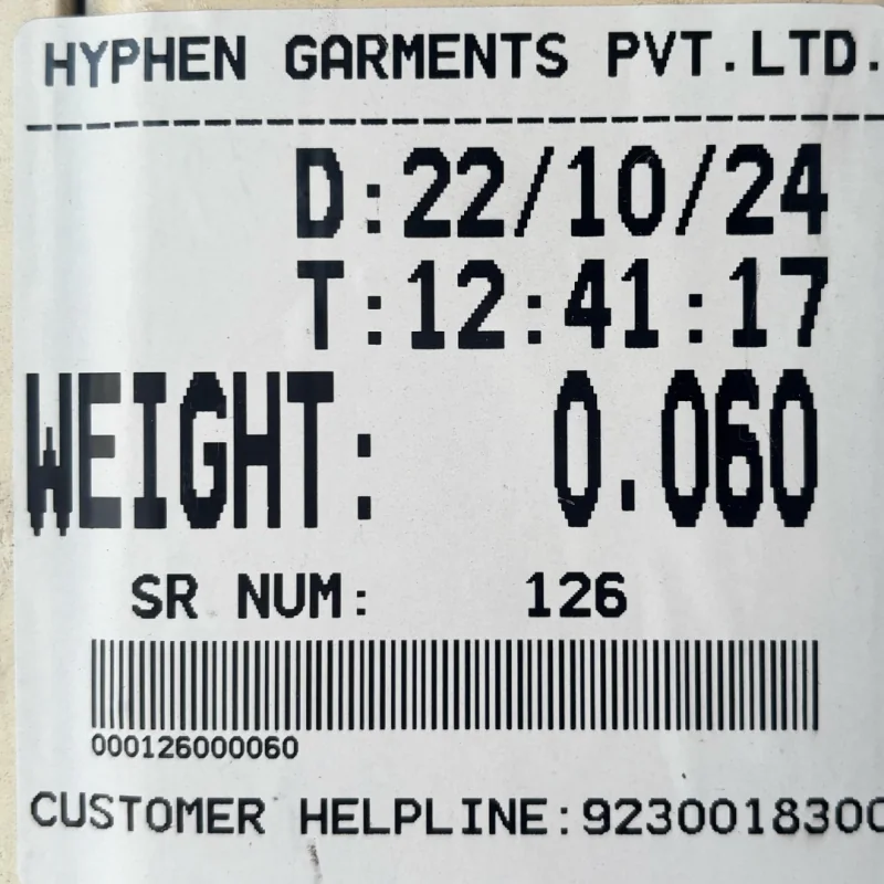 Real textile & garments barcode weight label printed from a Punit weighing scale with printer